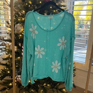 POL Turquoise Sweater with White Daisy Pattern